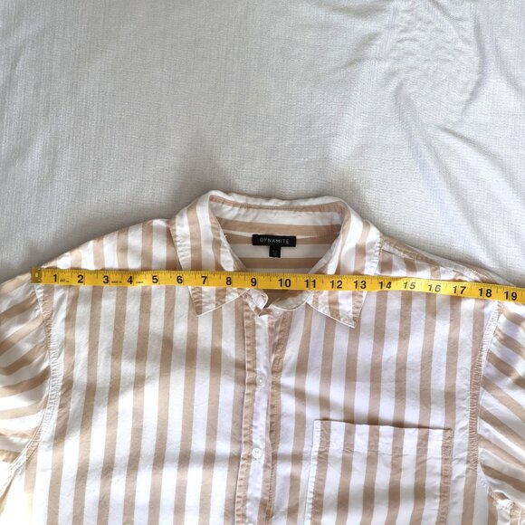 Tan/White Striped Button Up Shirt - Size S - Ladies Relaxed Fit Blouse - Picture 7 of 11